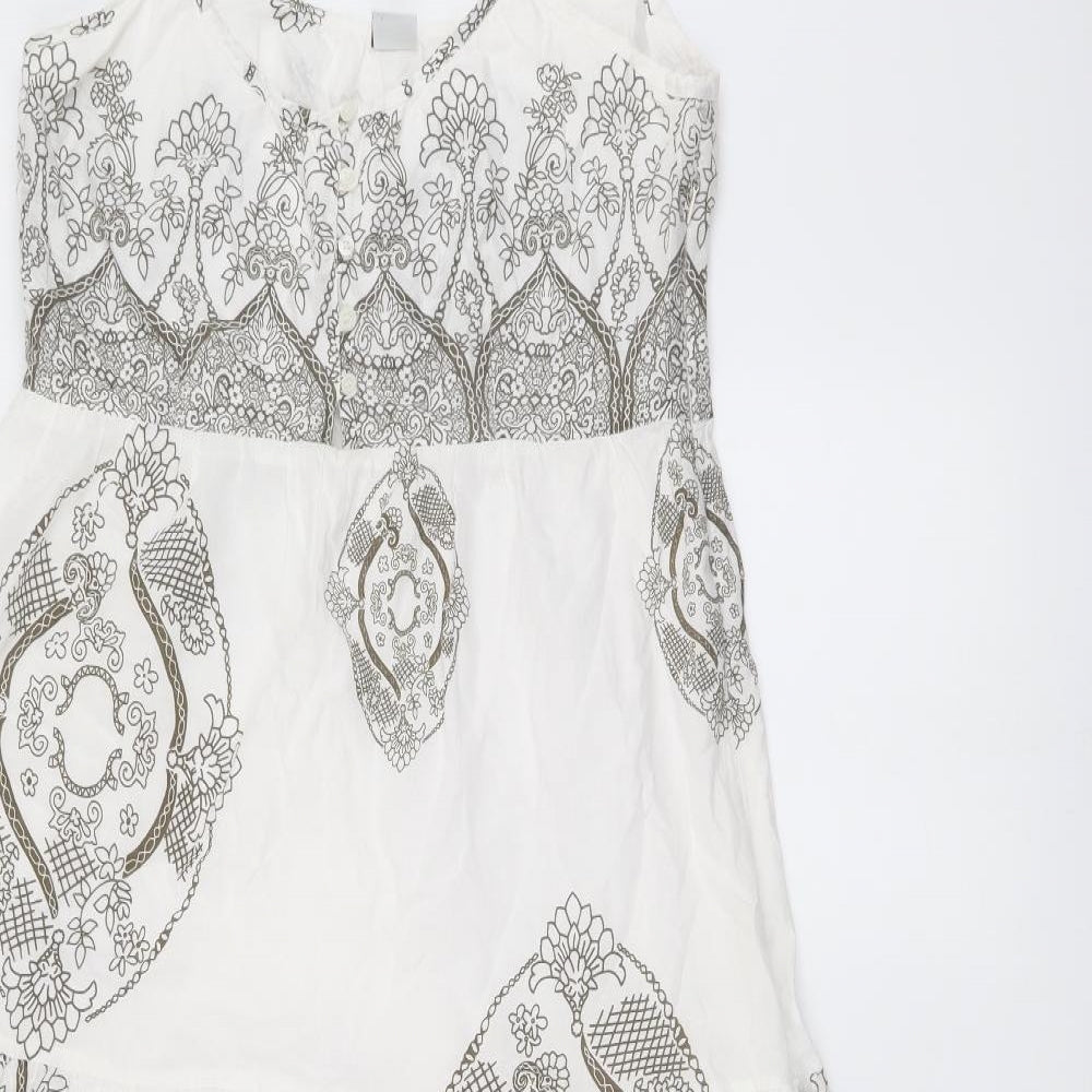 New Look Womens White Geometric 100% Cotton Maxi Size 12 Round Neck Button