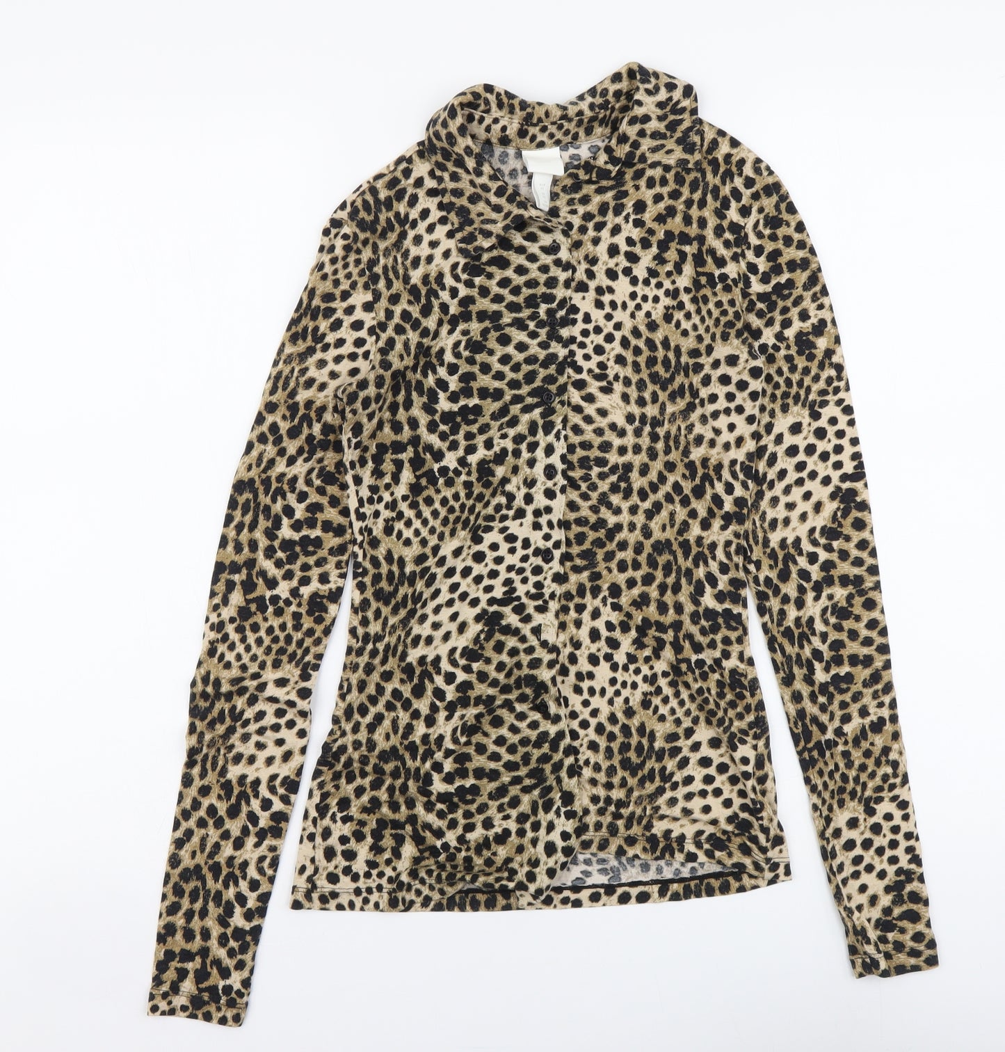 H&M Womens Brown Animal Print Modal Basic Button-Up Size XS Collared