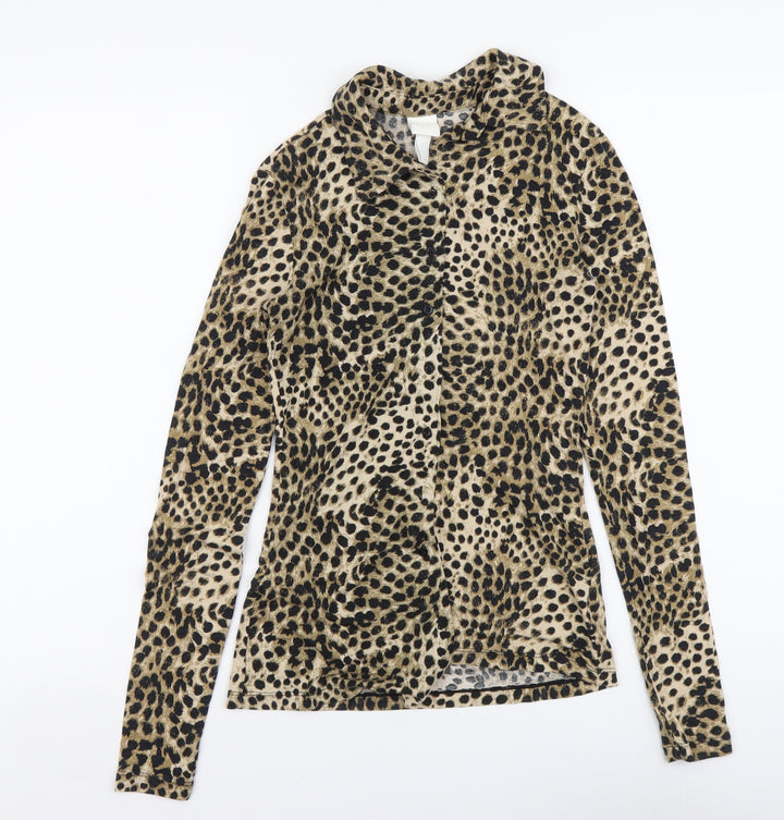H&M Womens Brown Animal Print Modal Basic Button-Up Size XS Collared