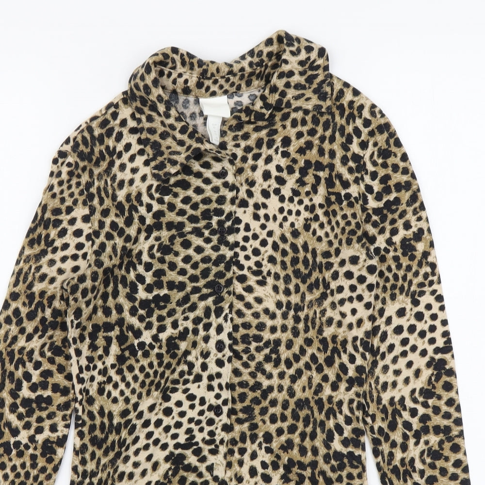 H&M Womens Brown Animal Print Modal Basic Button-Up Size XS Collared
