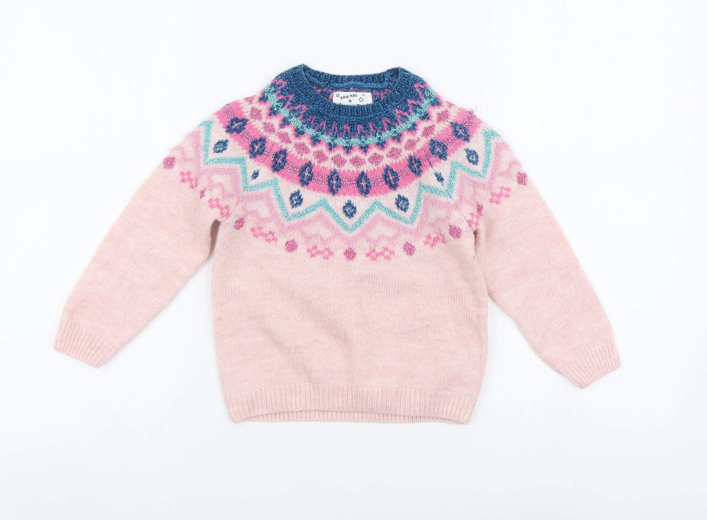 F&F Girls Pink Round Neck Fair Isle Acrylic Pullover Jumper Size 2-3 Years Pullover
