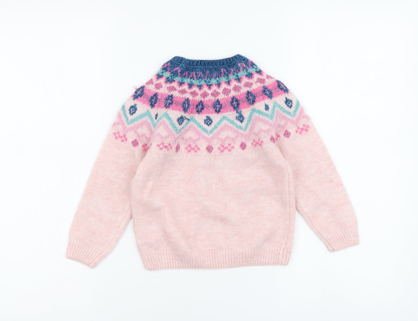 F&F Girls Pink Round Neck Fair Isle Acrylic Pullover Jumper Size 2-3 Years Pullover