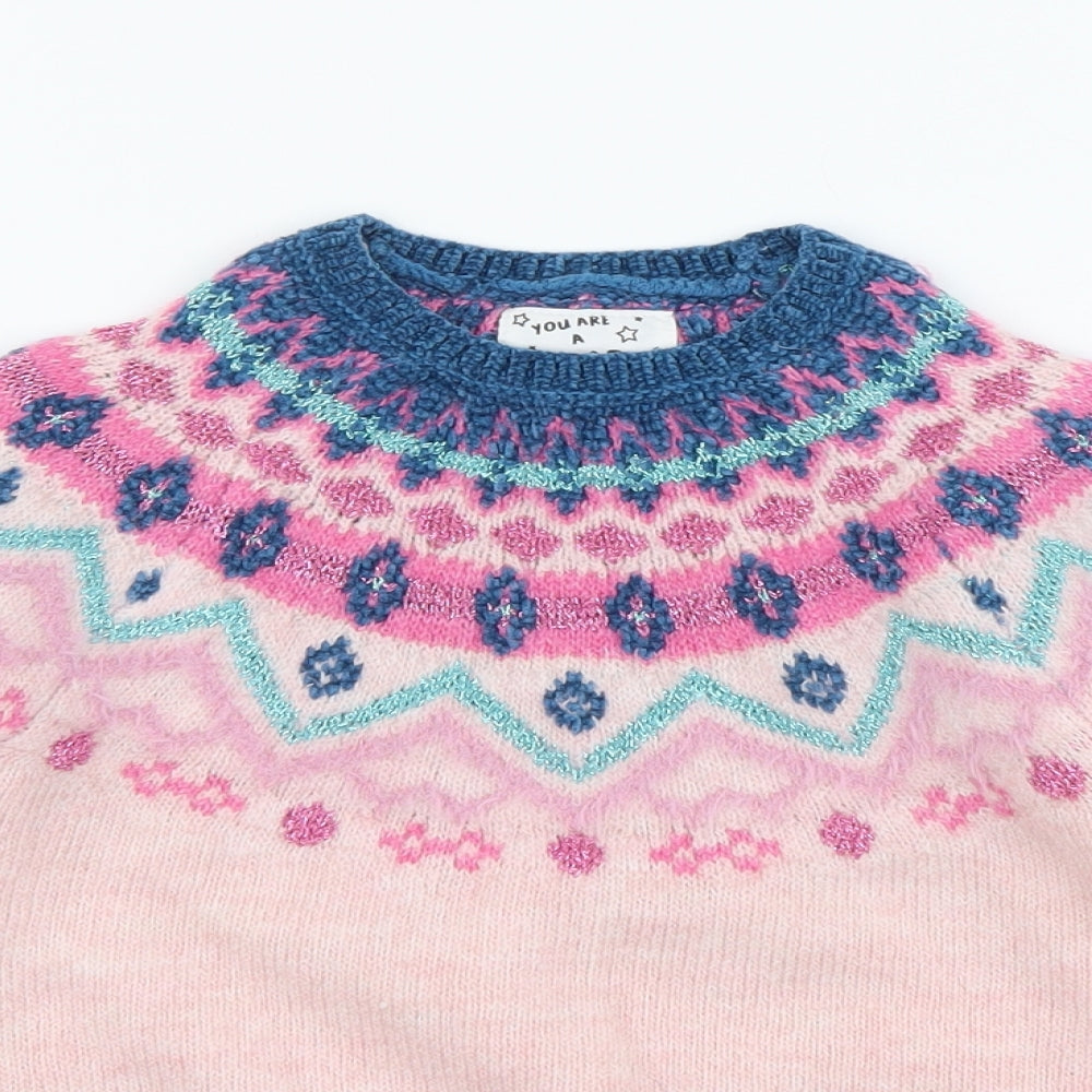 F&F Girls Pink Round Neck Fair Isle Acrylic Pullover Jumper Size 2-3 Years Pullover