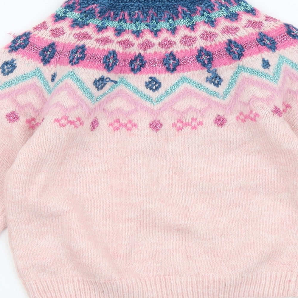 F&F Girls Pink Round Neck Fair Isle Acrylic Pullover Jumper Size 2-3 Years Pullover