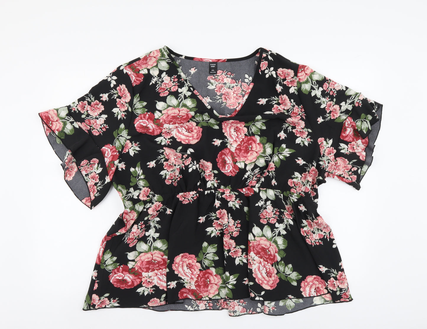 SheIn Womens Black Floral Polyester Basic Blouse Size 4XL V-Neck