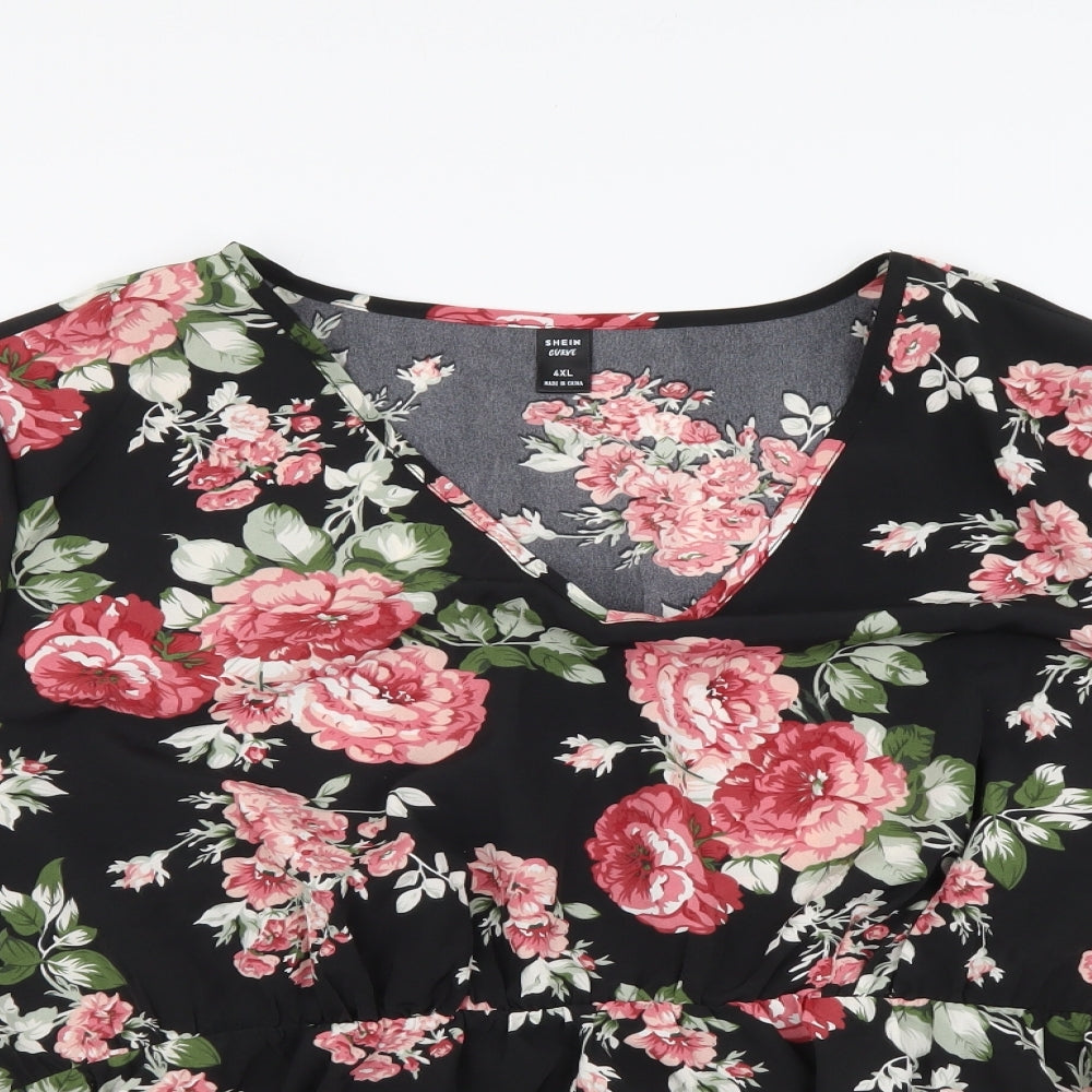 SheIn Womens Black Floral Polyester Basic Blouse Size 4XL V-Neck