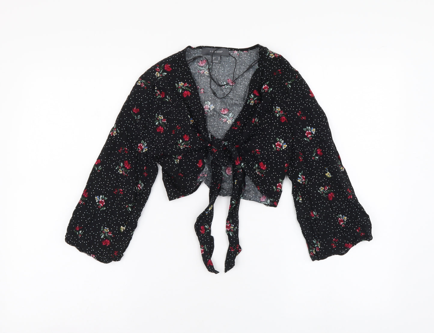 Primark Womens Black Floral Polyester Cropped Blouse Size 10 V-Neck