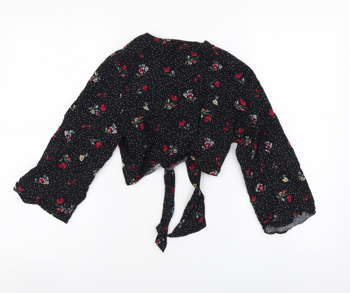 Primark Womens Black Floral Polyester Cropped Blouse Size 10 V-Neck