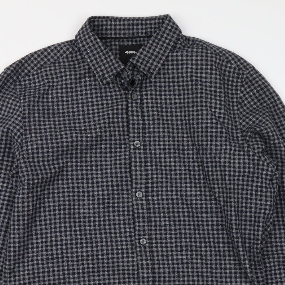 Burton Menswear Mens Grey Check Cotton Button-Up Size M Collared Button