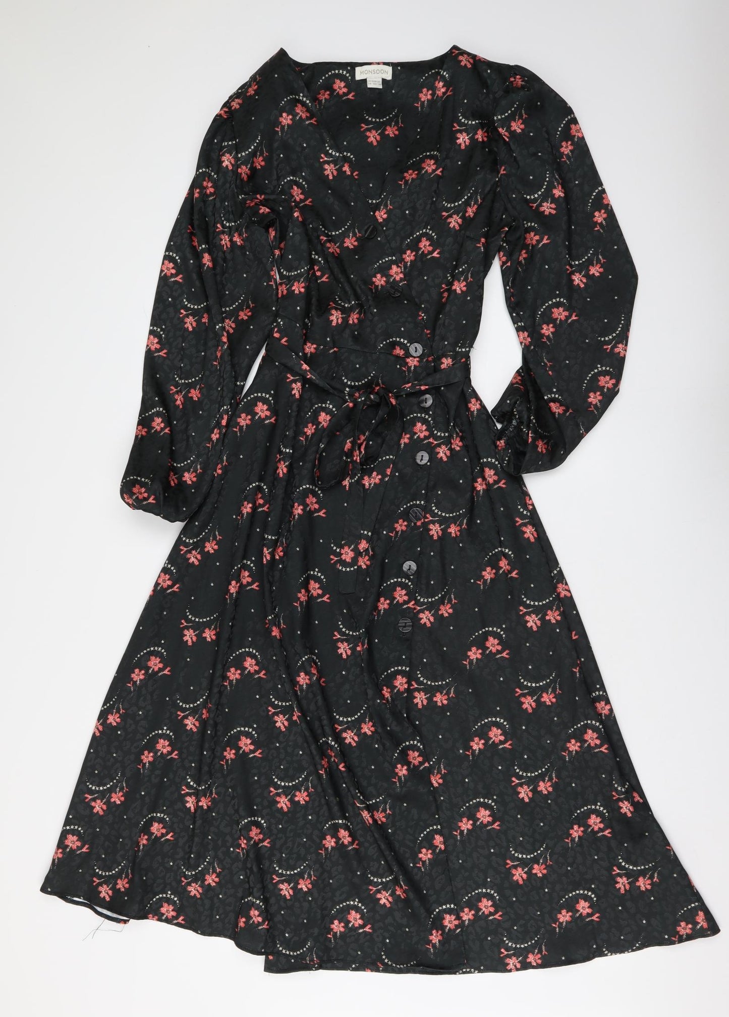 Monsoon Womens Black Animal Print Polyester Maxi Size 14 Collared Button - Leopard print