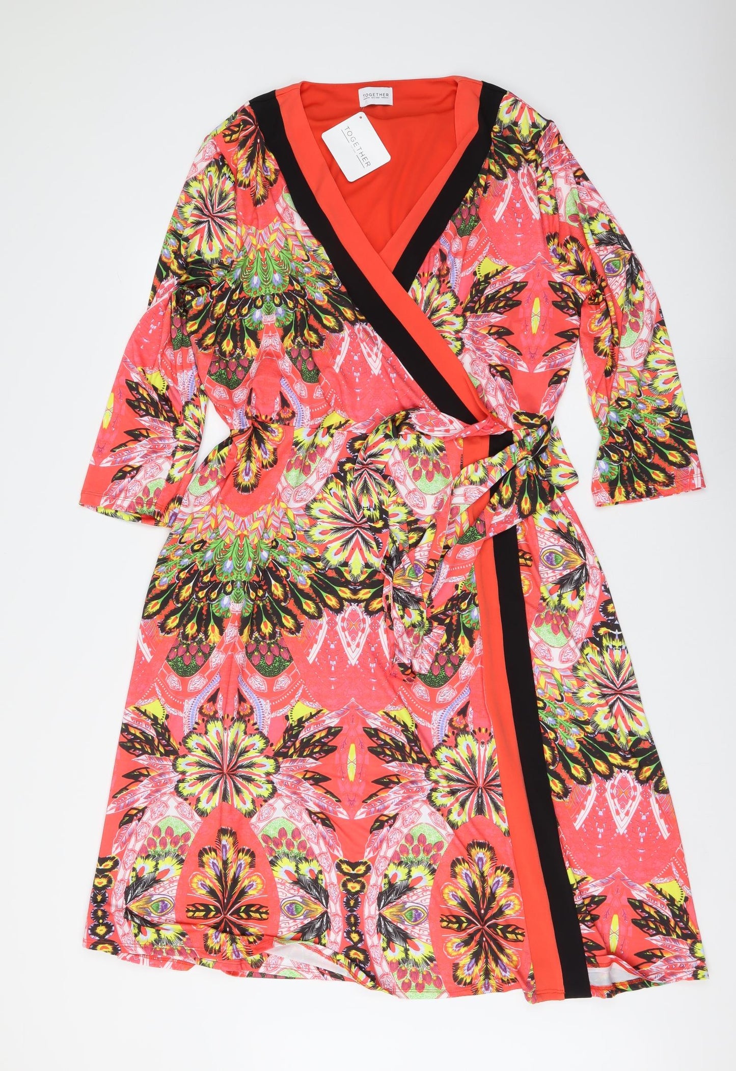 Together Womens Multicoloured Geometric Polyester Wrap Dress Size 18 V-Neck Pullover