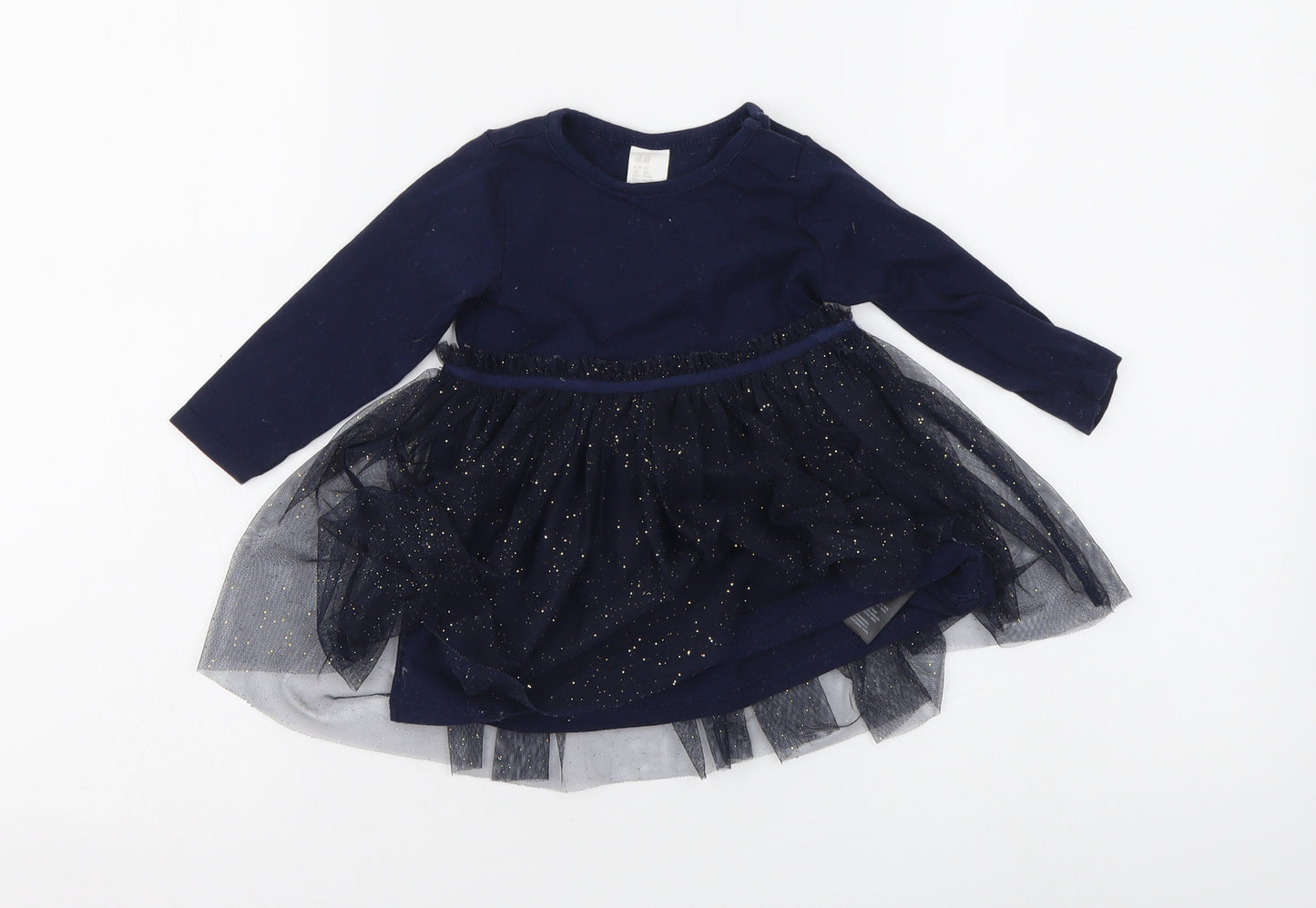 H&M Girls Blue Cotton Skater Dress Size 6-9 Months Round Neck Pullover