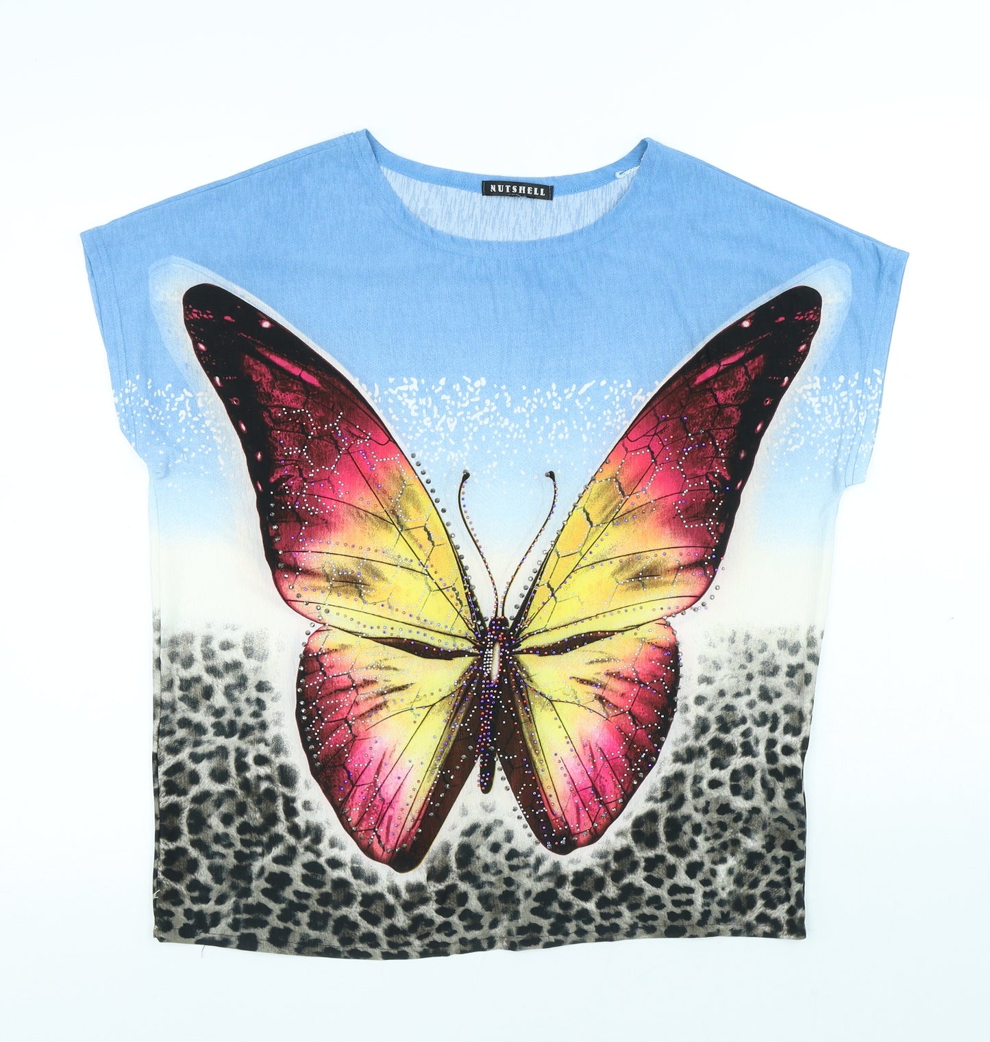 Nutshell Womens Multicoloured Animal Print Polyester Basic T-Shirt Size L Round Neck - Butterfly