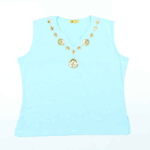 Miss Luna Womens Blue Cotton Basic Tank Size 2XL V-Neck