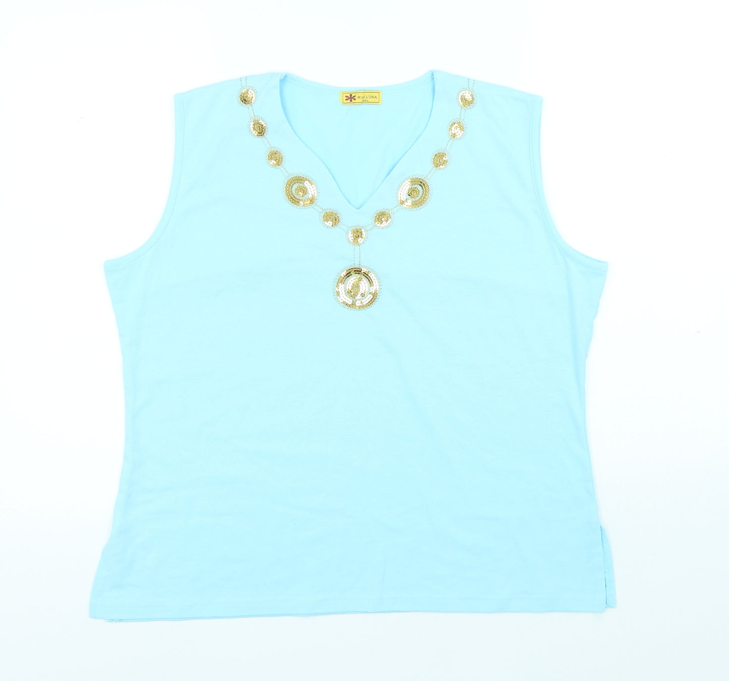 Miss Luna Womens Blue Cotton Basic Tank Size 2XL V-Neck
