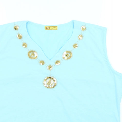 Miss Luna Womens Blue Cotton Basic Tank Size 2XL V-Neck