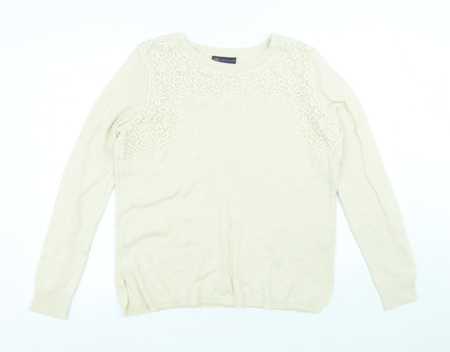Marks and Spencer Womens White Round Neck Floral Cotton Pullover Jumper Size 16