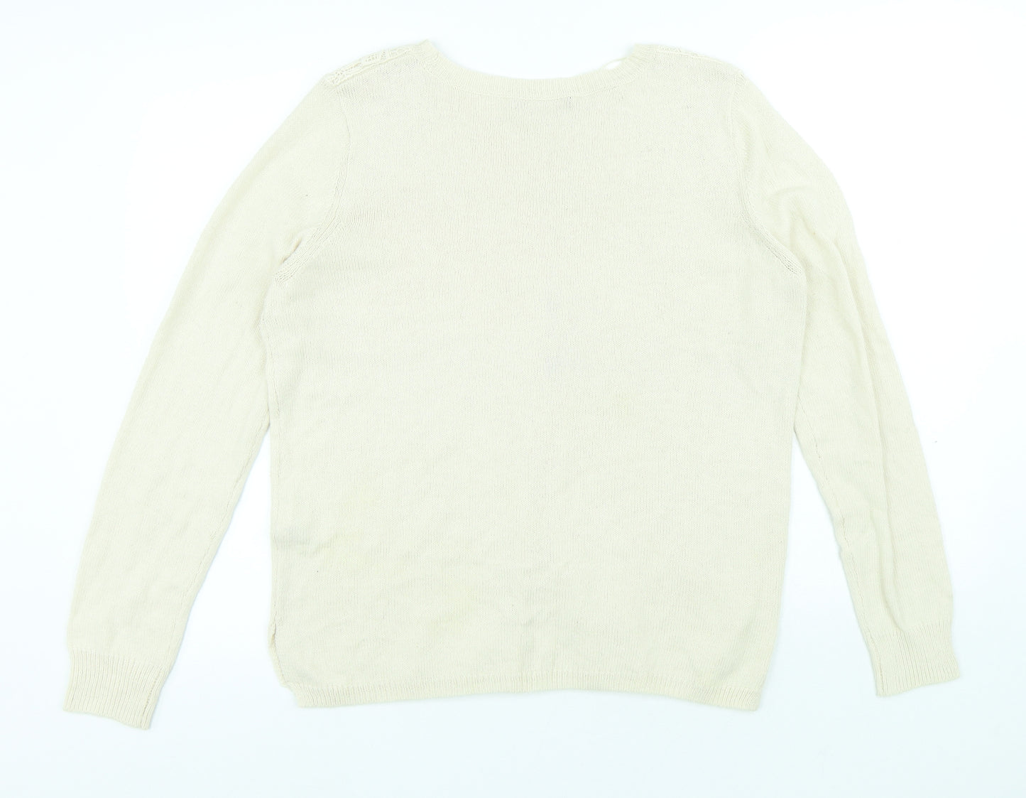 Marks and Spencer Womens White Round Neck Floral Cotton Pullover Jumper Size 16