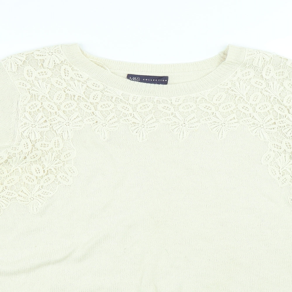 Marks and Spencer Womens White Round Neck Floral Cotton Pullover Jumper Size 16