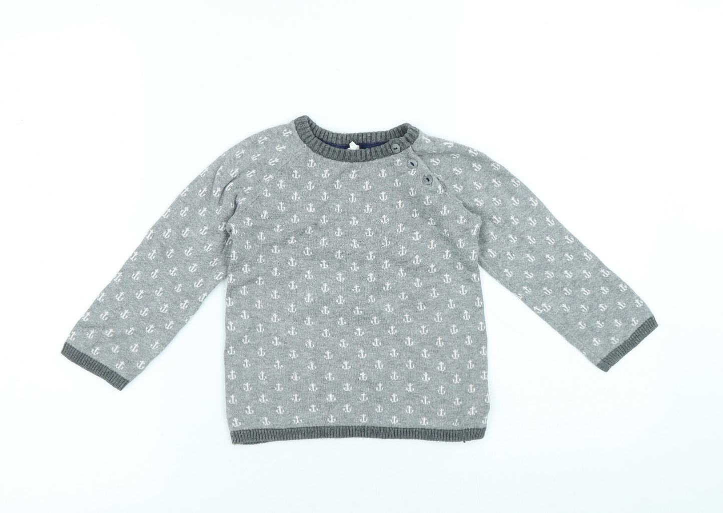 H&M Boys Grey Geometric Cotton Pullover Jumper Size 18-24 Months Button - Anchor
