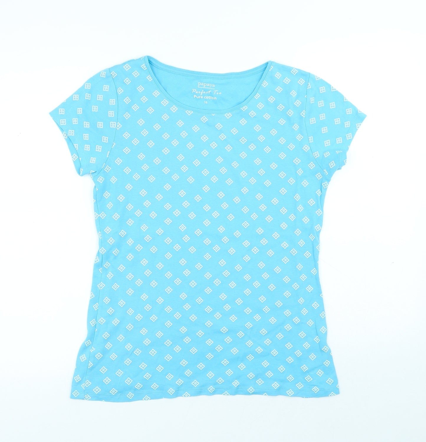 Papaya Womens Blue Geometric Cotton Basic T-Shirt Size 16 Round Neck