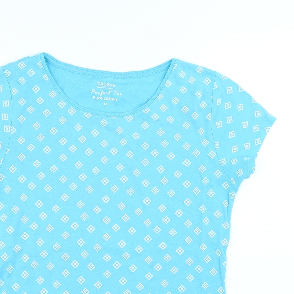 Papaya Womens Blue Geometric Cotton Basic T-Shirt Size 16 Round Neck