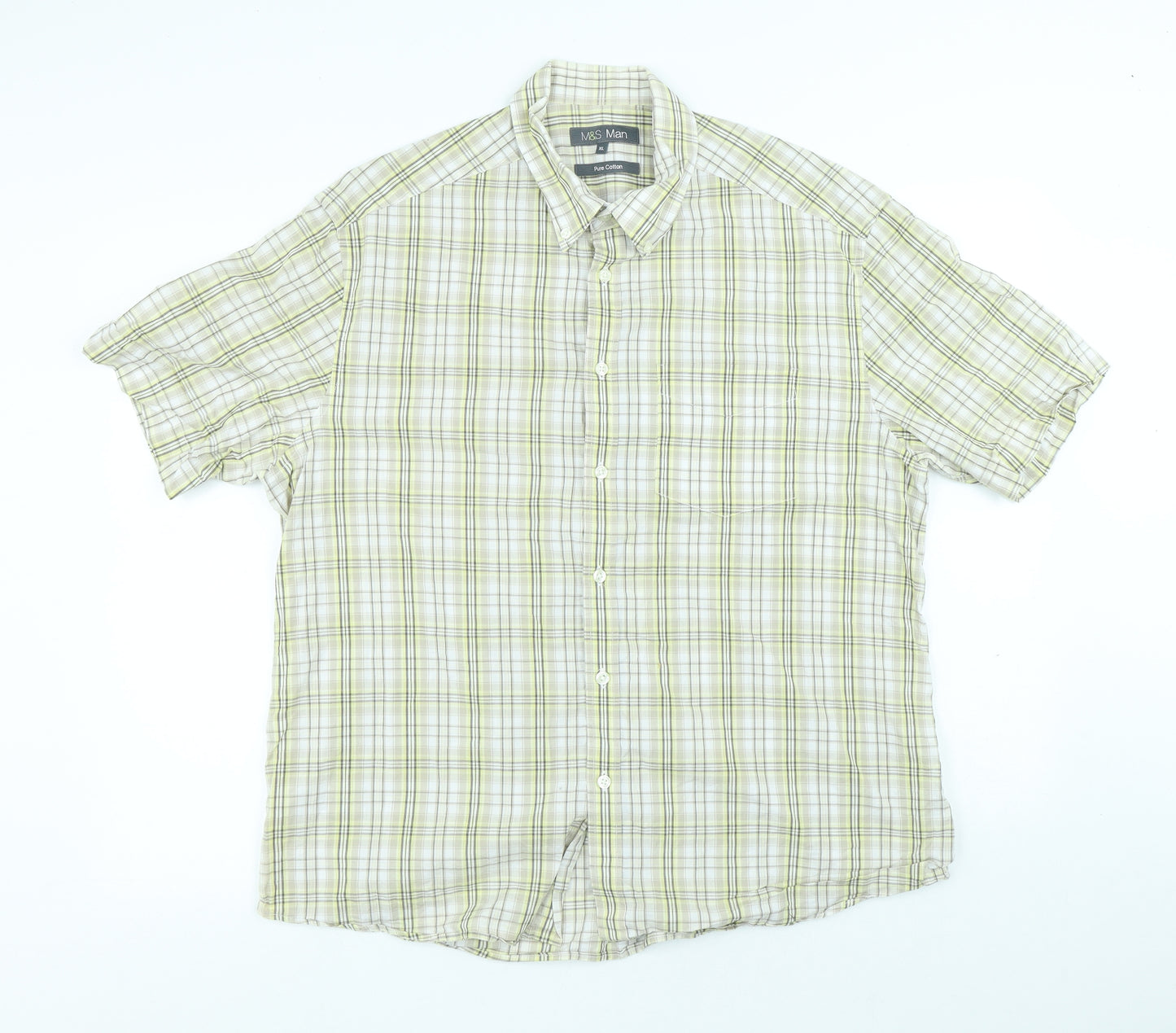 Marks and Spencer Mens Beige Plaid Cotton Button-Up Size XL Collared Button