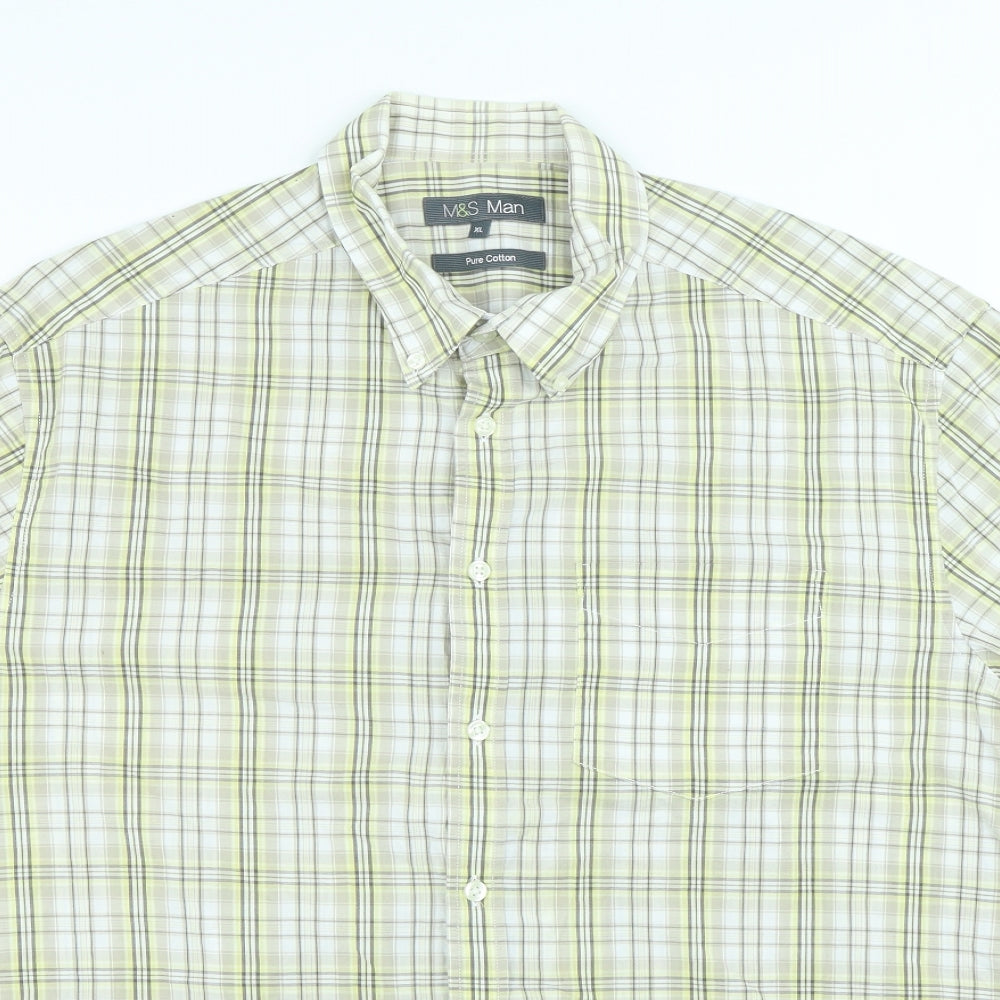 Marks and Spencer Mens Beige Plaid Cotton Button-Up Size XL Collared Button