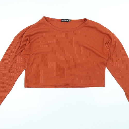 PRETTYLITTLETHING Womens Orange Polyester Basic T-Shirt Size 12 Round Neck - Cropped