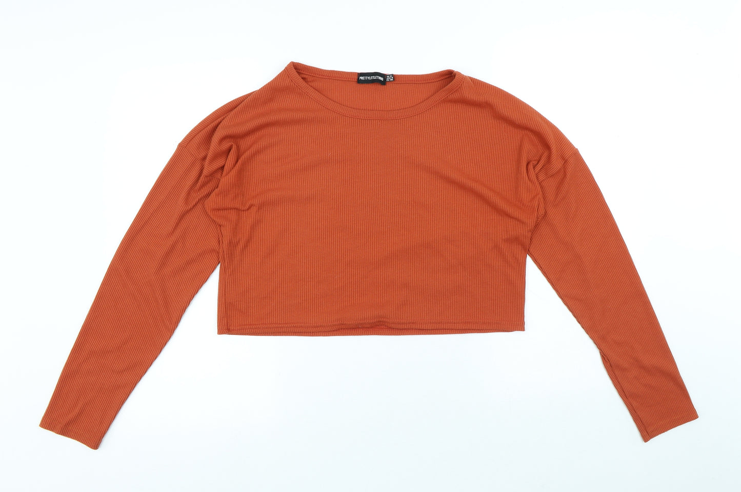 PRETTYLITTLETHING Womens Orange Polyester Basic T-Shirt Size 12 Round Neck - Cropped