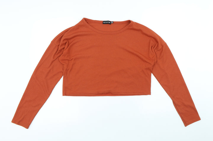 PRETTYLITTLETHING Womens Orange Polyester Basic T-Shirt Size 12 Round Neck - Cropped