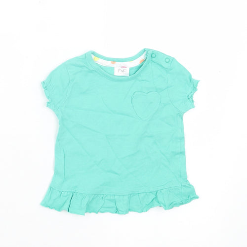 F&F Girls Green Cotton Basic T-Shirt Size 3-6 Months Crew Neck Button - Heart