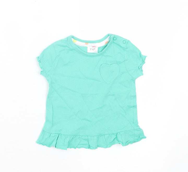 F&F Girls Green Cotton Basic T-Shirt Size 3-6 Months Crew Neck Button - Heart