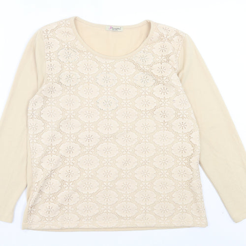 FANGHUA Womens Beige Crew Neck Floral Cotton Pullover Jumper Size 2XL