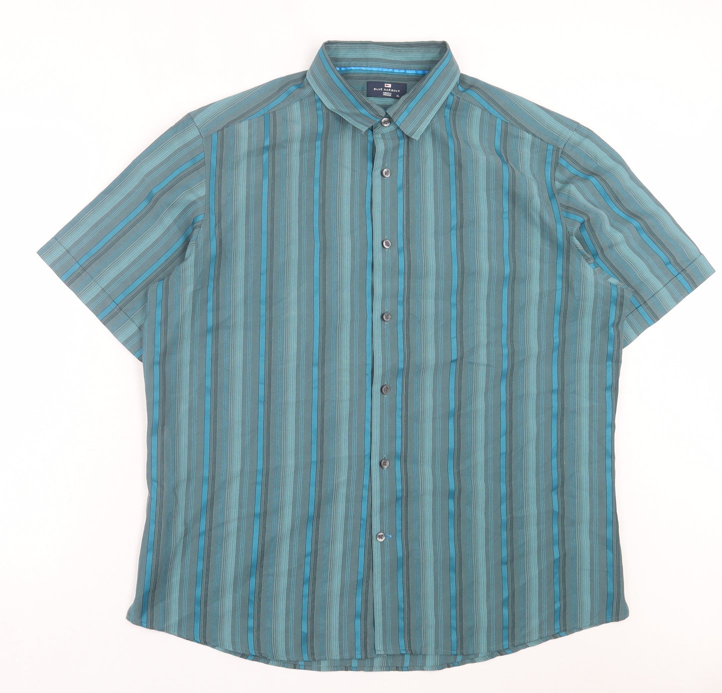 Marks and Spencer Mens Green Striped Polyester Button-Up Size XL Collared Button
