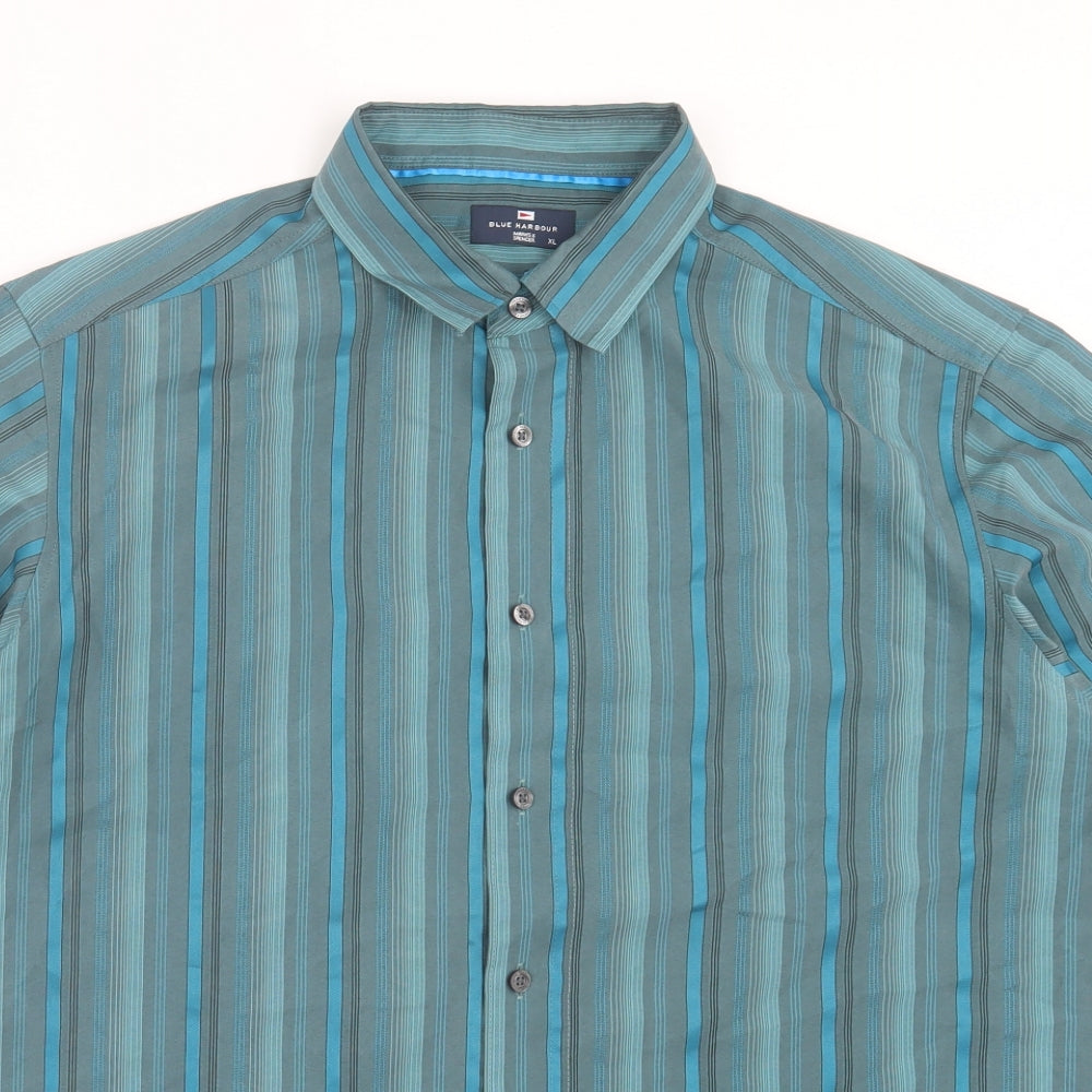 Marks and Spencer Mens Green Striped Polyester Button-Up Size XL Collared Button