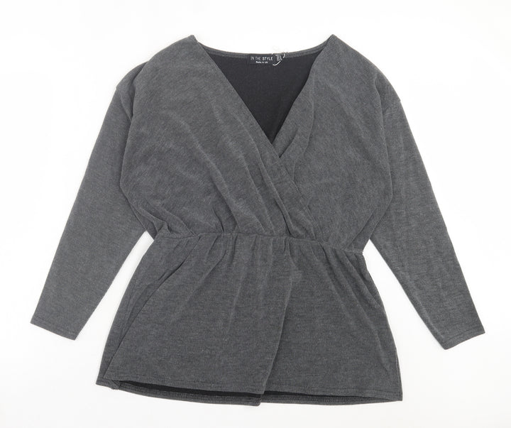 I SAW IT FIRST Womens Grey Polyester Basic Blouse Size 14 V-Neck