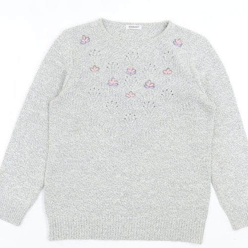Damart Womens Grey Crew Neck Floral Acrylic Pullover Jumper Size 14