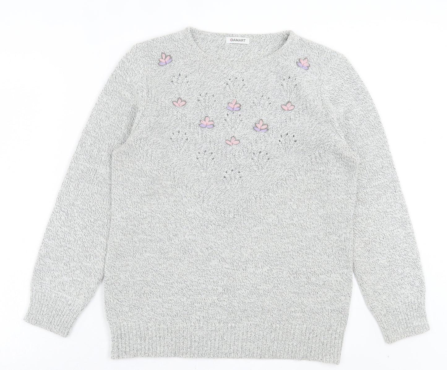 Damart Womens Grey Crew Neck Floral Acrylic Pullover Jumper Size 14