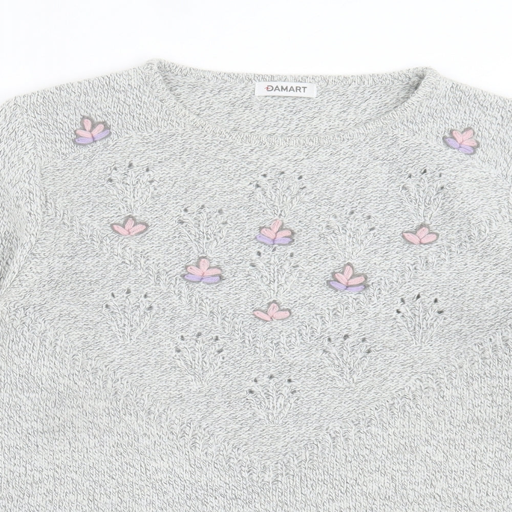 Damart Womens Grey Crew Neck Floral Acrylic Pullover Jumper Size 14