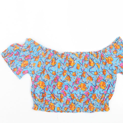 Topshop Womens Blue Floral Cotton Cropped T-Shirt Size 10 Off the Shoulder