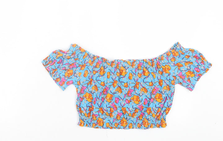 Topshop Womens Blue Floral Cotton Cropped T-Shirt Size 10 Off the Shoulder