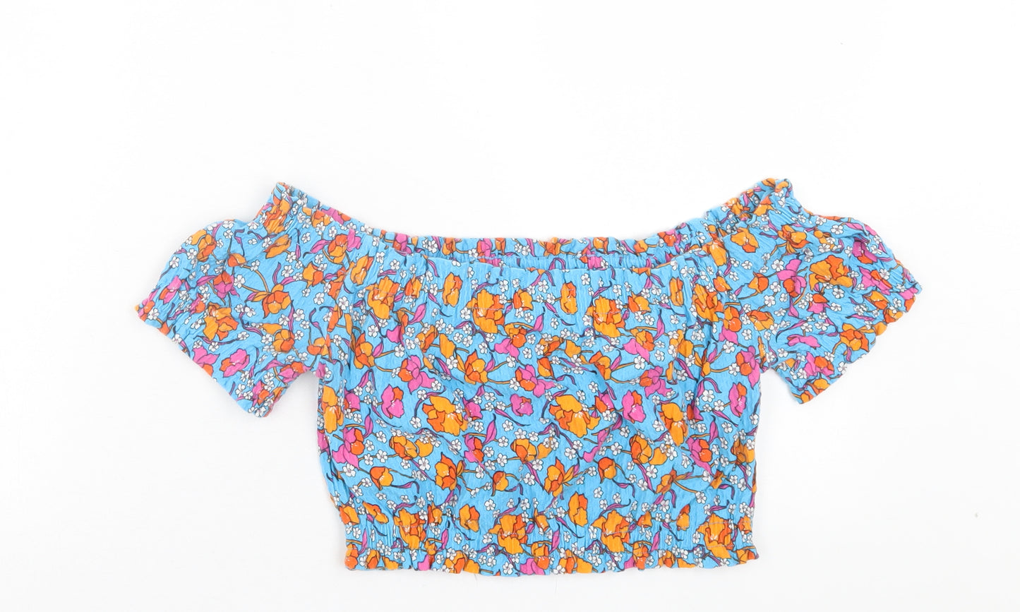 Topshop Womens Blue Floral Cotton Cropped T-Shirt Size 10 Off the Shoulder