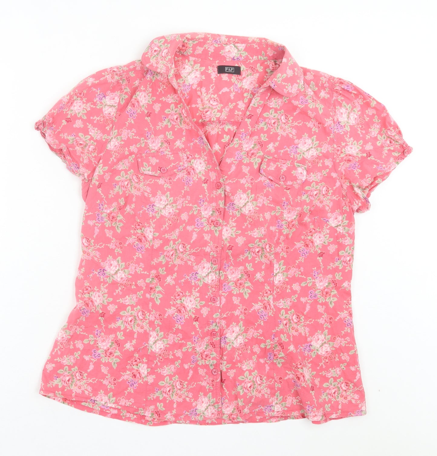 F&F Womens Pink Floral Cotton Basic Button-Up Size 16 V-Neck