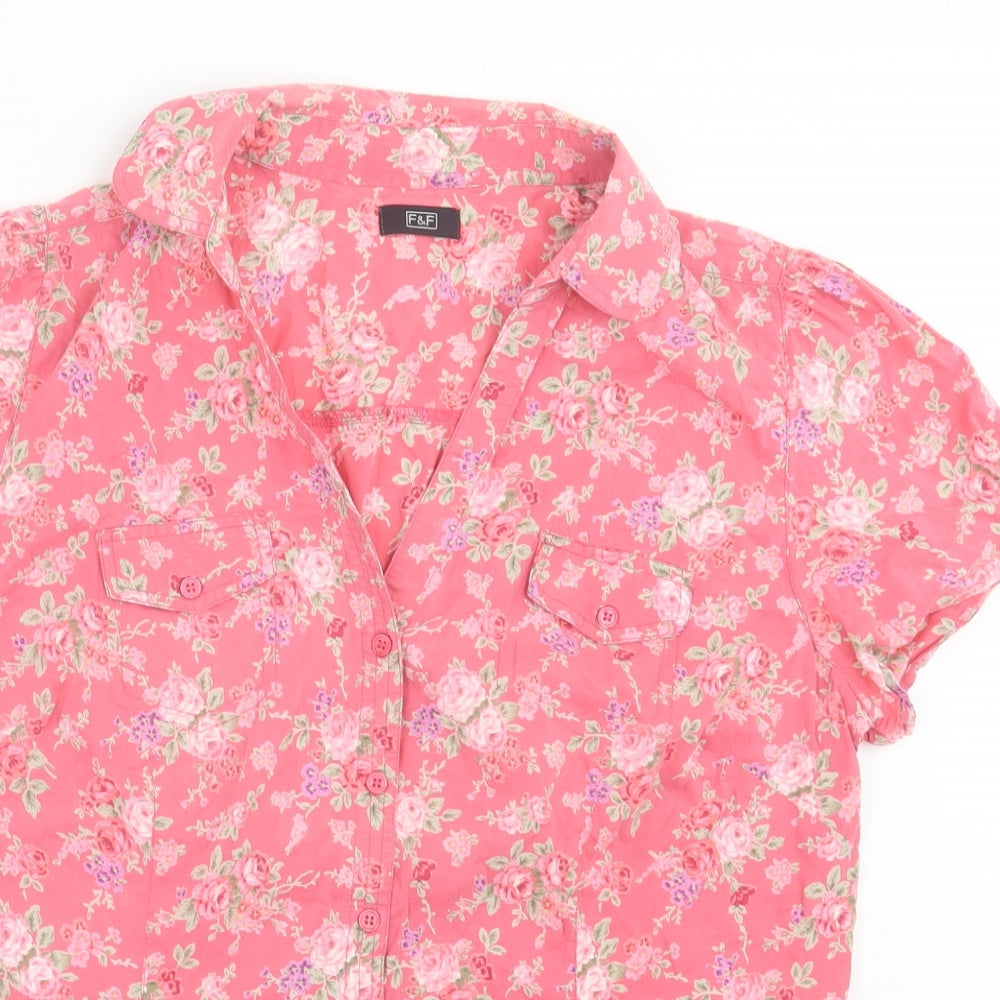 F&F Womens Pink Floral Cotton Basic Button-Up Size 16 V-Neck