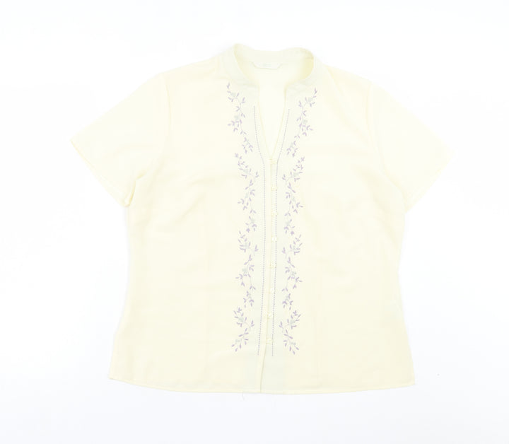 Marks and Spencer Womens Ivory Floral Polyester Basic Button-Up Size 16 V-Neck