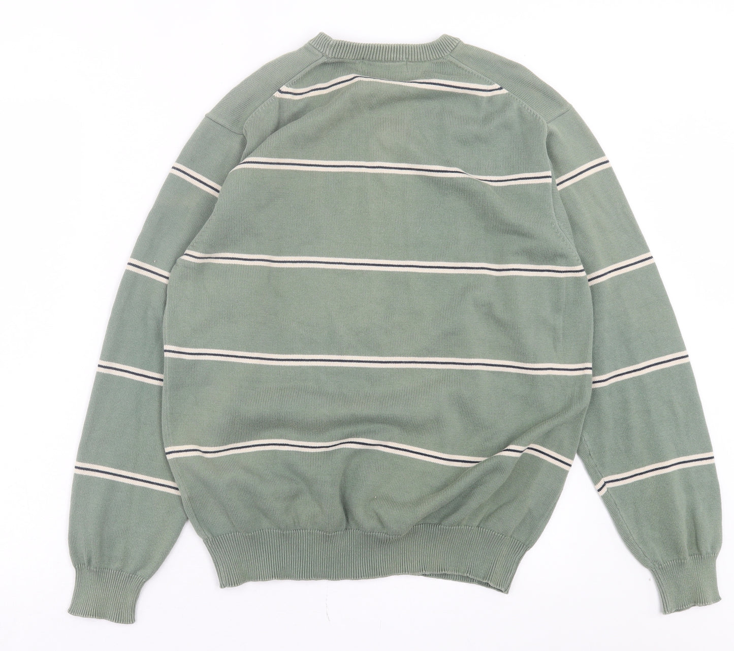Peter England Mens Green Crew Neck Striped Cotton Pullover Jumper Size M