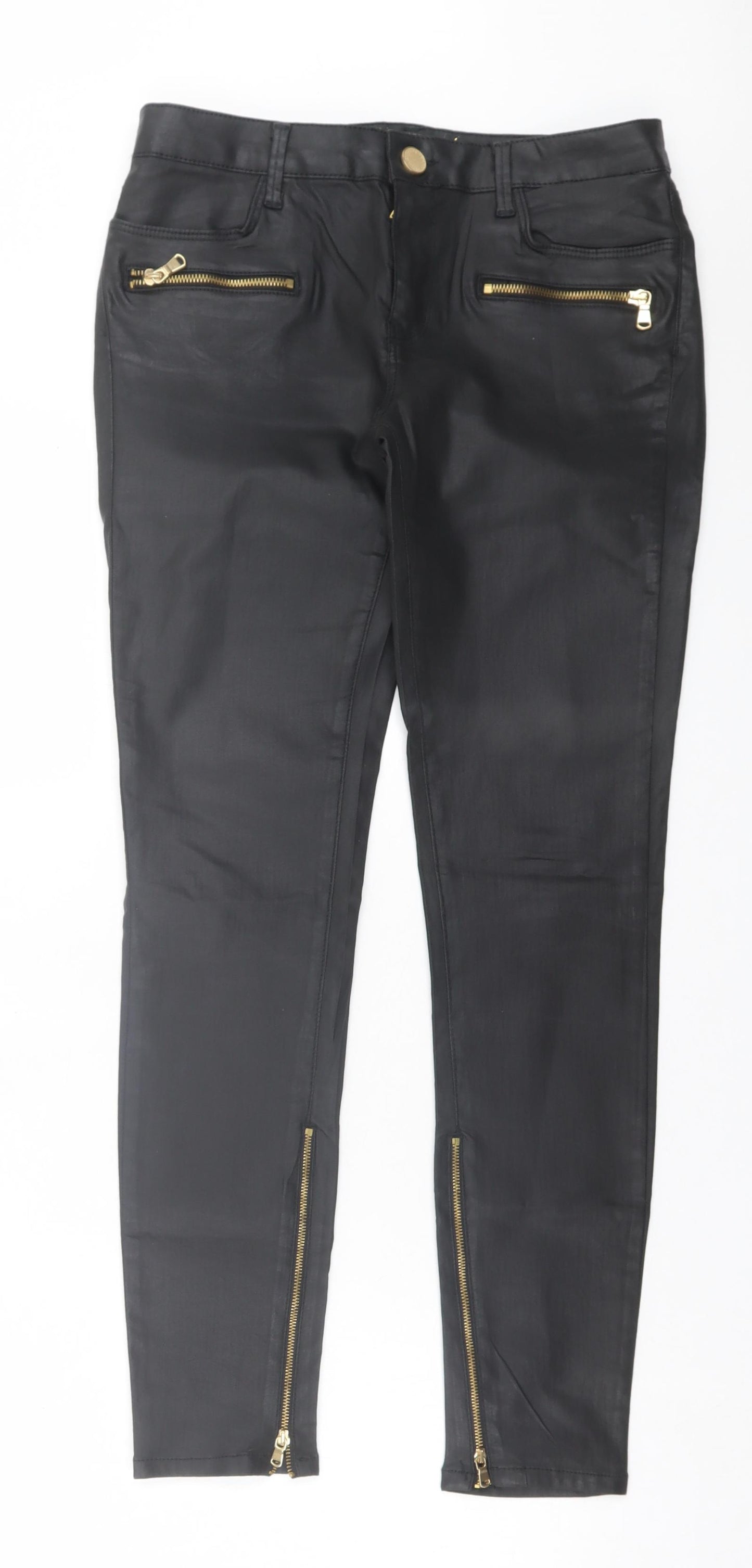 Leana Woman Womens Black Cotton Skinny Jeans Size 6 L28 in Regular Button - Leather Look
