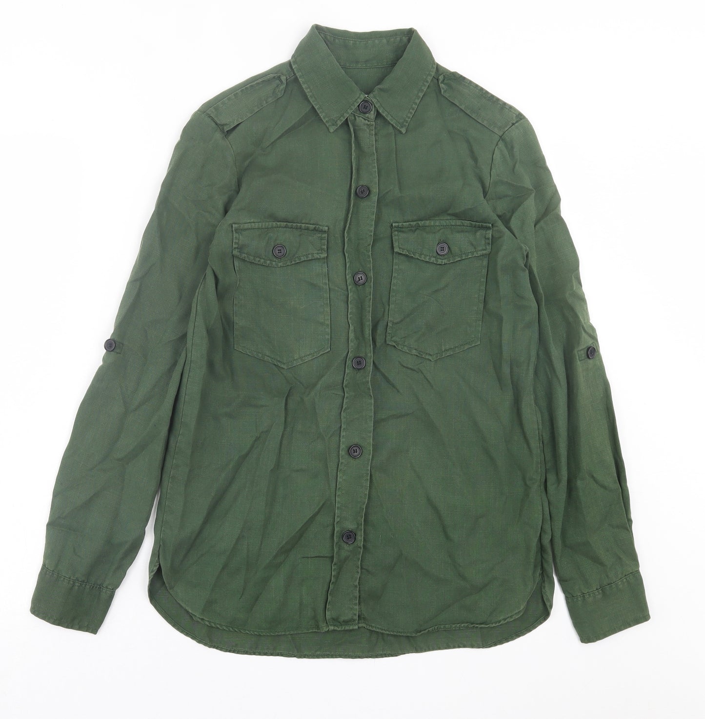 Zara Womens Green Lyocell Basic Button-Up Size XS Collared