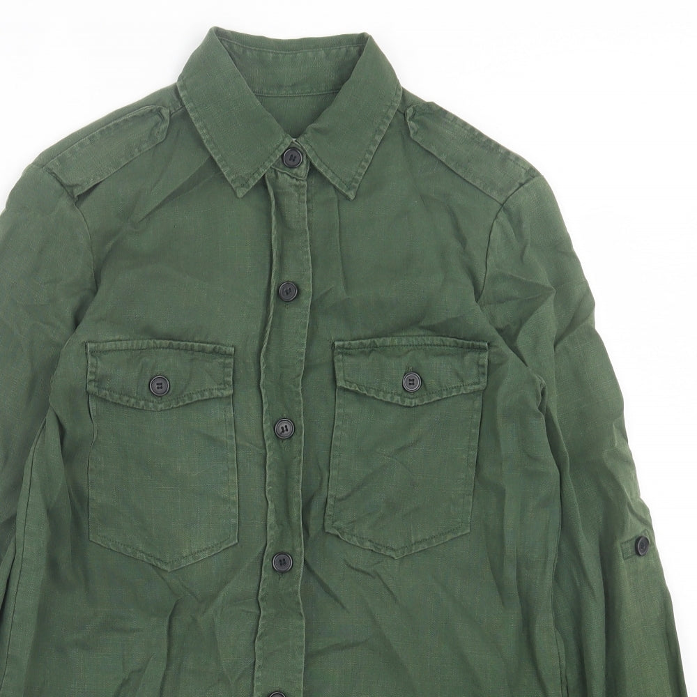 Zara Womens Green Lyocell Basic Button-Up Size XS Collared